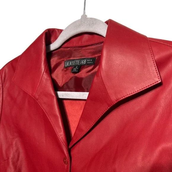 Lafayette 148 New York Lambskin Leather Button‎ Up Shacket Red Women's Size 8 - Picture 2 of 11